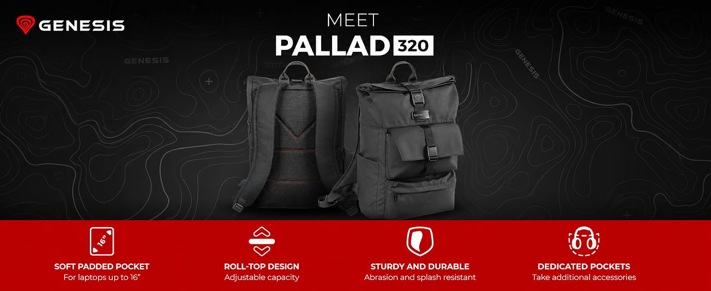 Рюкзак для ноутбука Genesis Pallad 550, 17.3 дюйма, 24 л, 19 кишень, чорний
