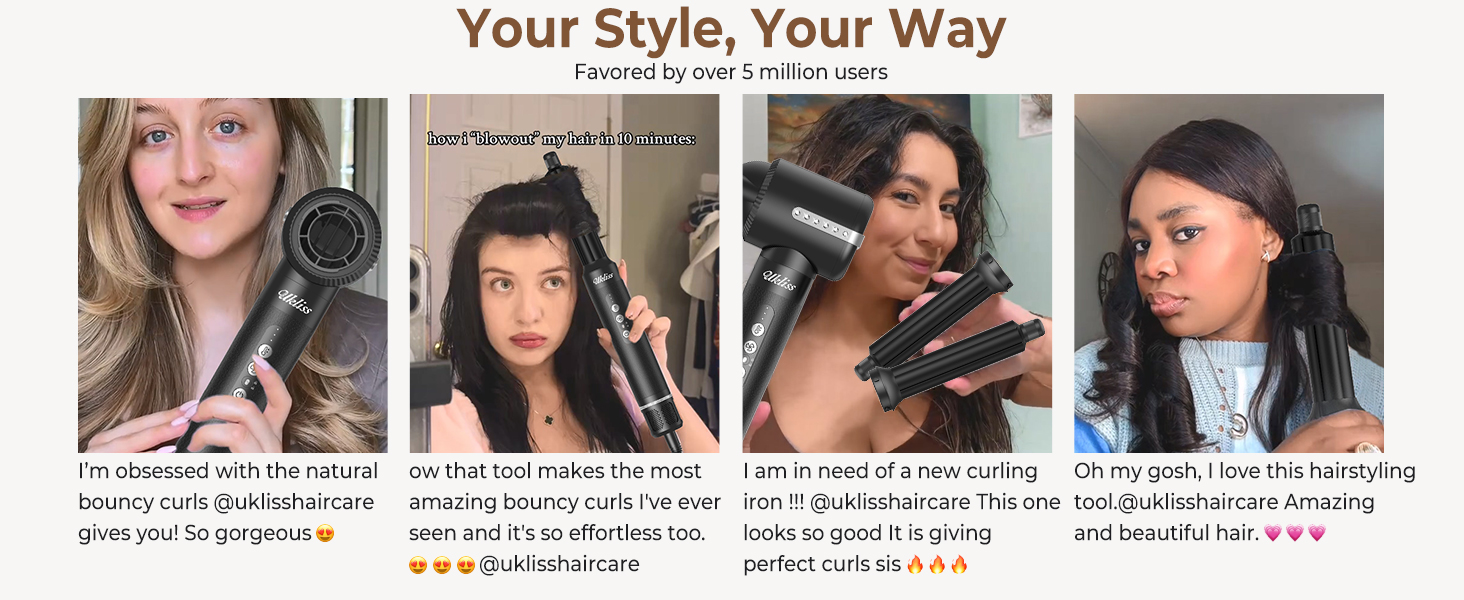 Hairstyler UKLISS Pro 7-в-1 з іонізацією: фен-щітка, кругла щітка, аеробраш для створення локонів (Чорний)