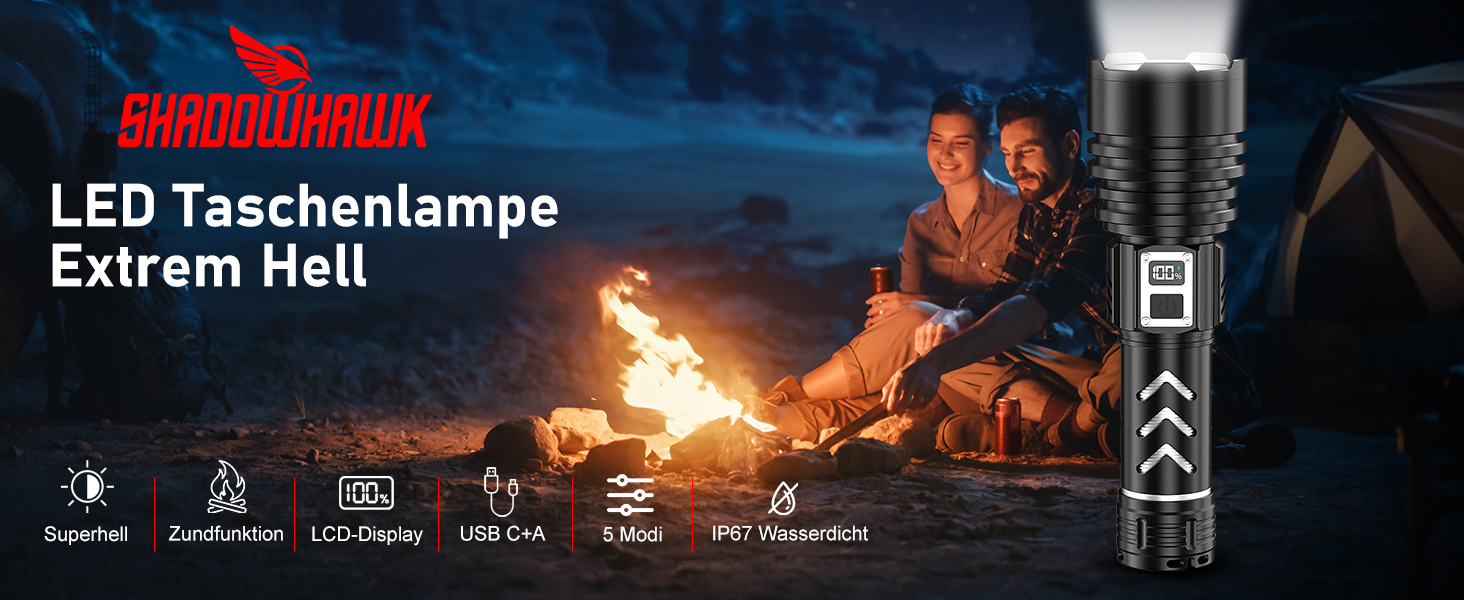 Потужний тактичний ліхтарик Shadowhawk LED 1 000 000 Лм, 50Вт, акумулятор 6000mAh, дальність 1000м, LCD-дисплей, функція розпалювання вогню, чорний — для кемпінгу та виживання