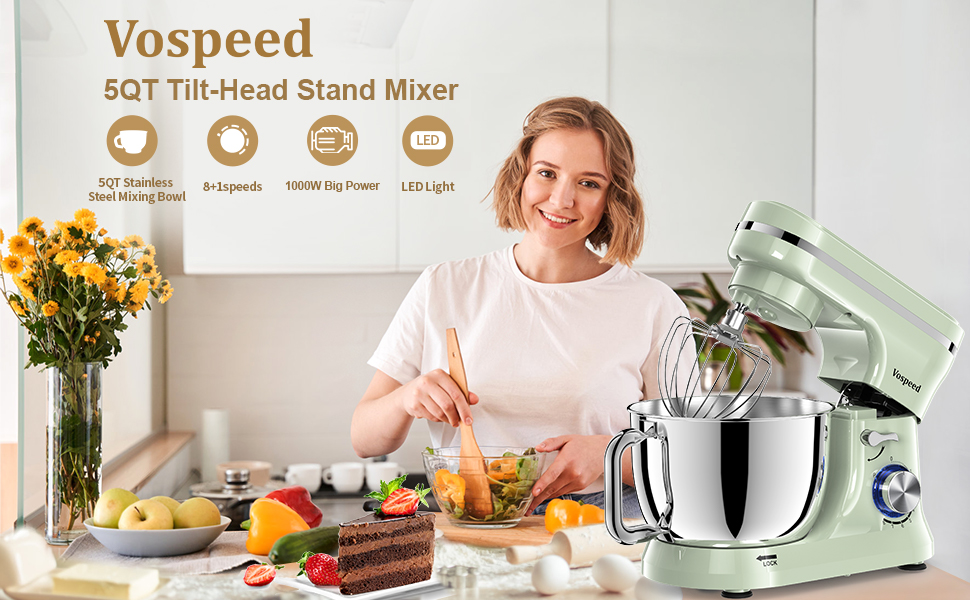 Планетарний міксер Vospeed 1000W, кухонна машина з чашею з нержавіючої сталі 5л, 8 швидкостей, набір насадок (гак, вінчик, міксер), антиковзаючий дизайн