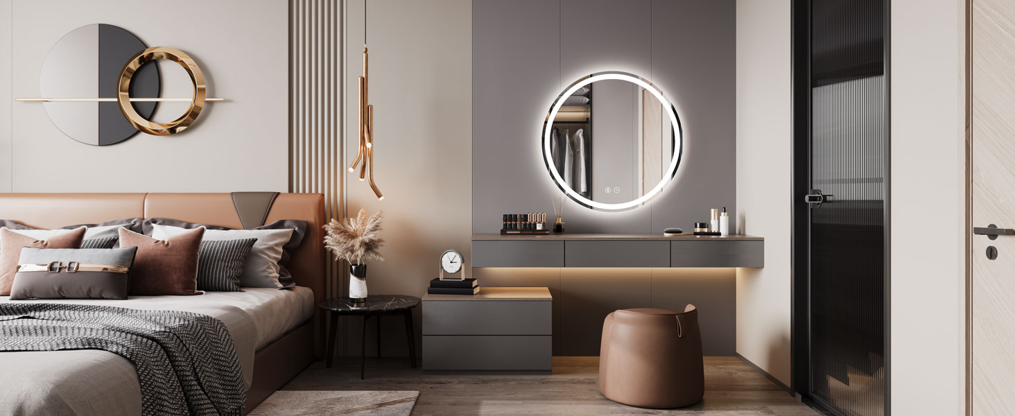 Дзеркало для ванної кімнати Dripex круглої форми з підсвічуванням LED, сенсорне керування, регулювання яскравості, 3 кольори світла, запобігання запотіванню, 50x50 см (Bluetooth, запобігання запотіванню, 3 кольори, регулювання яскравості)