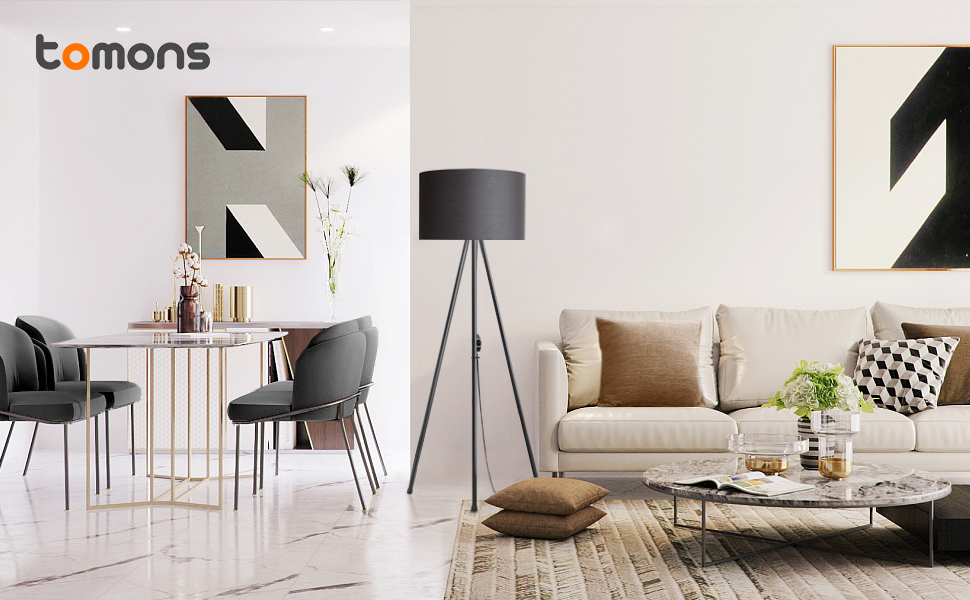 Світлодіодна підлогова лампа Tomons з димером, чорна. Сучасна торшер на тринозі з металу для вітальні та спальні, лампа для читання