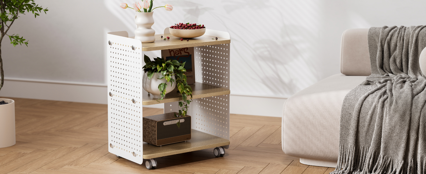 Стіл для принтера Fenge з колесами, мобільний тримач для принтера з перфорацією, 3 рівні, стійка для принтера/роликовий контейнер з органайзером, полиця, шафа для документів, для офісу та дому, 45,3x33,5x53,5 см (Дуб+Білий)