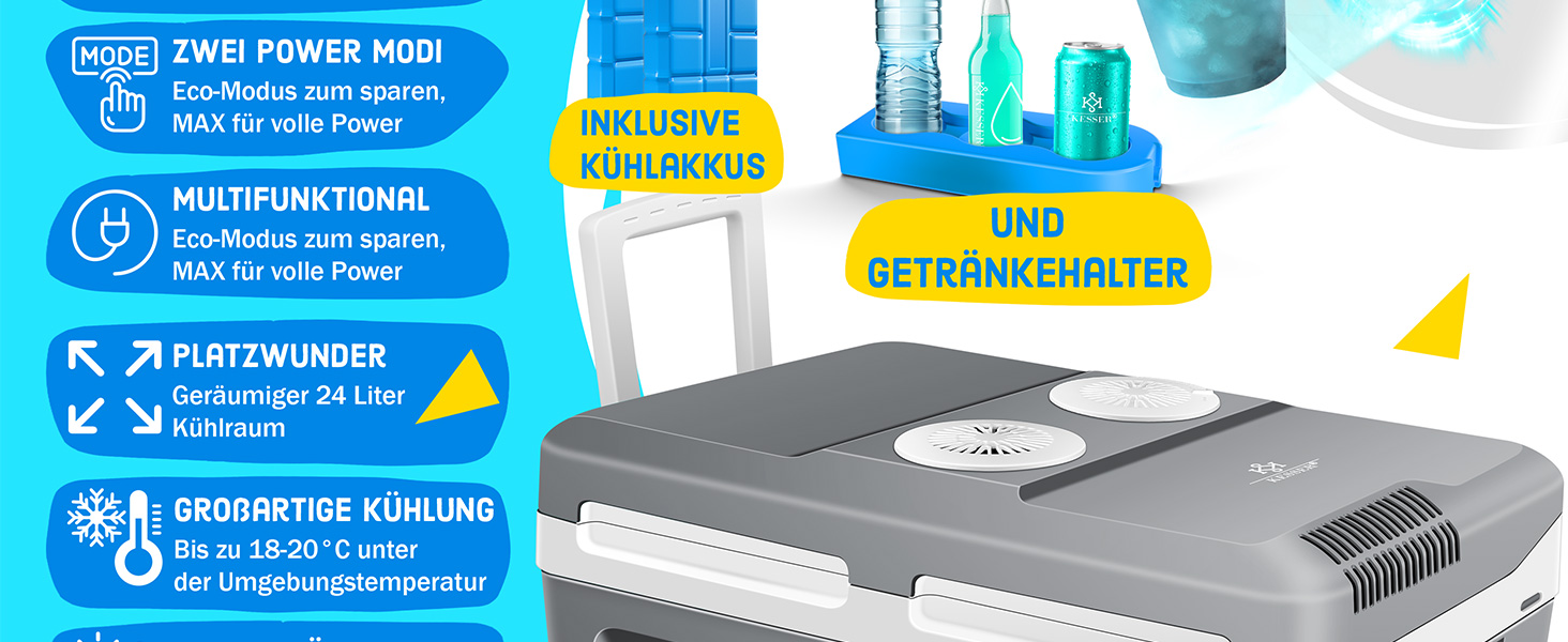 Термохолодильник KESSER® 40L з колесами | 12/230V | Для авто, човна, кемпінгу | Холодильник та підігрівач | ECO/MAX режим | з акумуляторами холоду та тримачами для напоїв