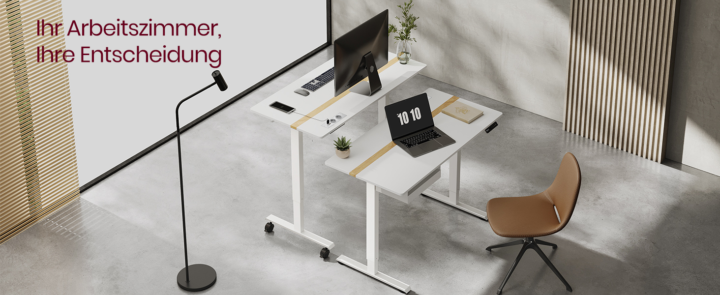 Електричний регульований стіл VASAGLE 120x60 см, білий + горіховий, з пам'яттю висоти, з розетками та ящиком