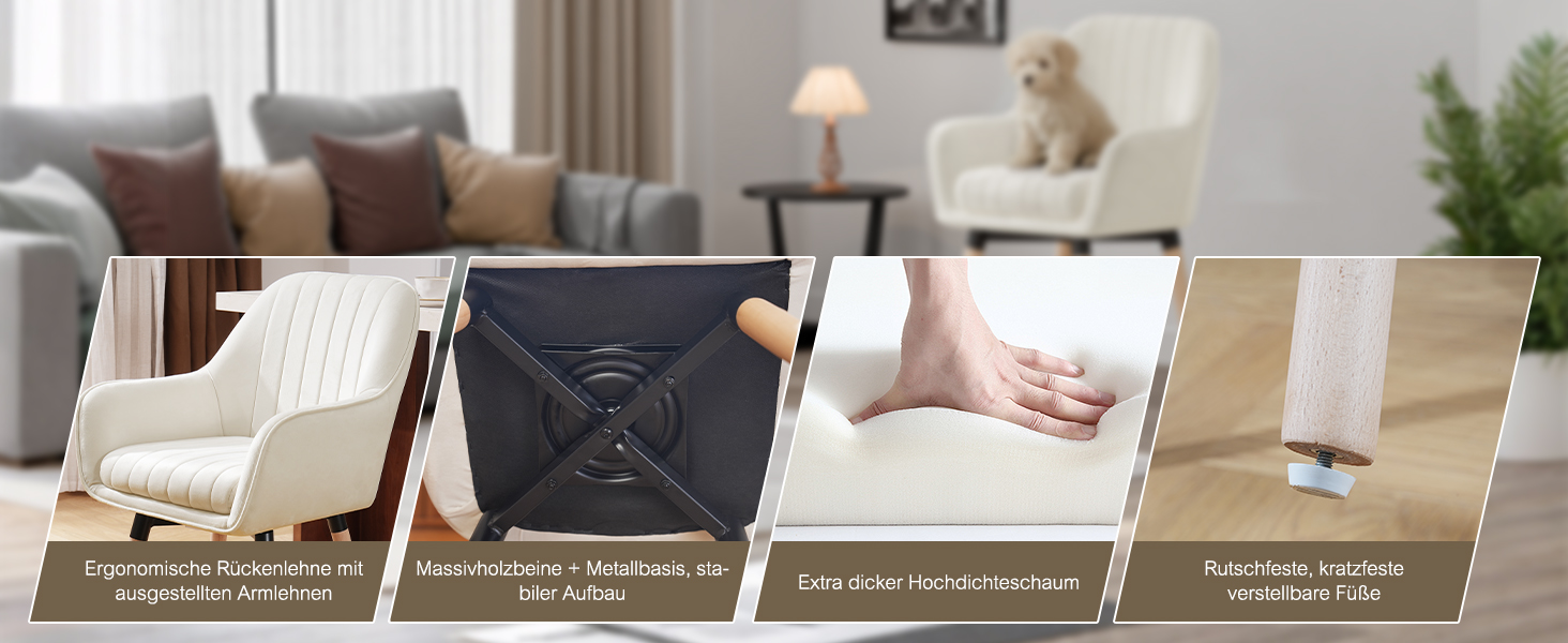 Крісла для обідньої зони ELUCHANG (2 шт.), поворотні на 360°, м'яке сидіння 10 см, високі підлокітники, кремово-білий велюр, до 150 кг, для спальні, кухні, вітальні