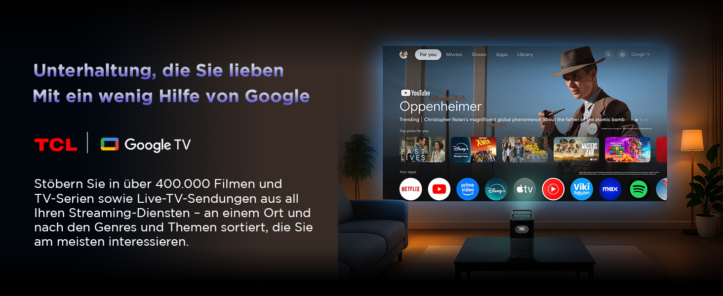 Проєктор TCL A1s 4K Full HD Google TV/Netflix: Dolby Audio, Bluetooth, WiFi, Автофокус, Корекція трапеції 6D для дому та ігор