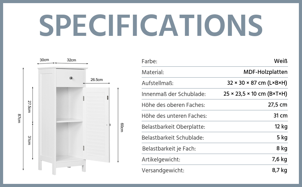 Шафка для ванної кімнати Yaheetech - вузька тумбочка з шухлядою та дверцятами, 32 x 30 x 87 см, біла