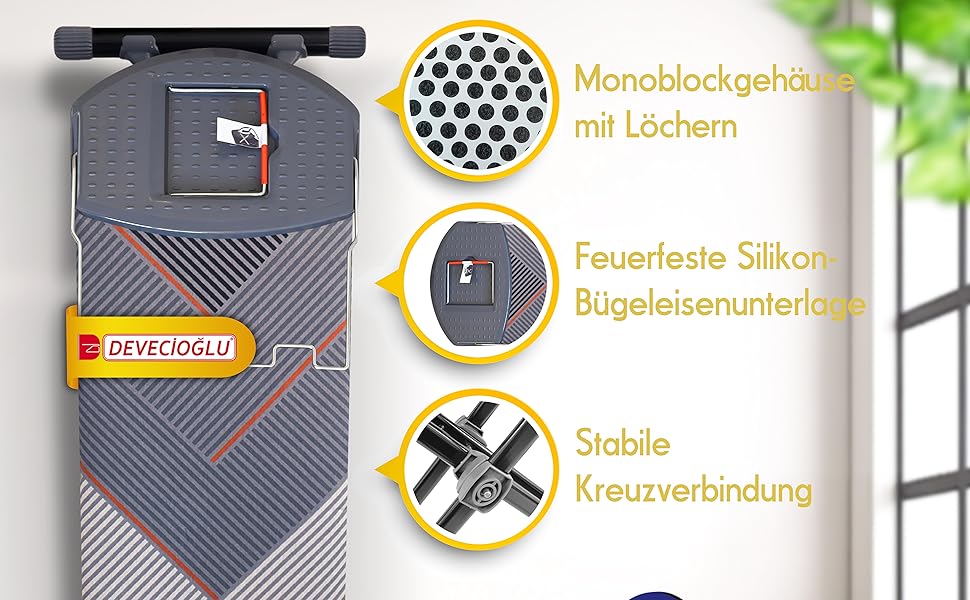 Прасувальна дошка Devecioğlu 50-80см з чохлом 36x114см, для парогенераторів, складна | Прасувальна дошка, підходить як стіл для прасування