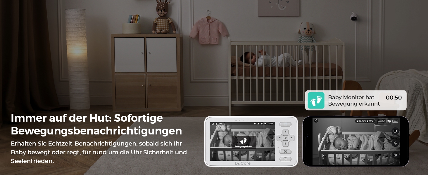 Відеоняня Dr.Care VistaView Lite WLAN з App-керуванням, Full HD 1080P камера, розділений екран 720P, датчик руху та ІК-нічний зір (монітор 4