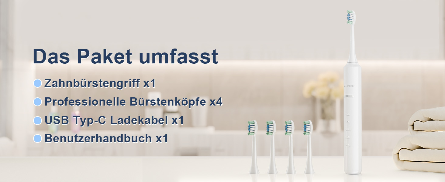 Електрична зубна щітка Betterchoi з магнітною левітацією, 41 000 VPM, 4 насадки, IPX7, 180 днів роботи, 5 режимів, таймер, білий