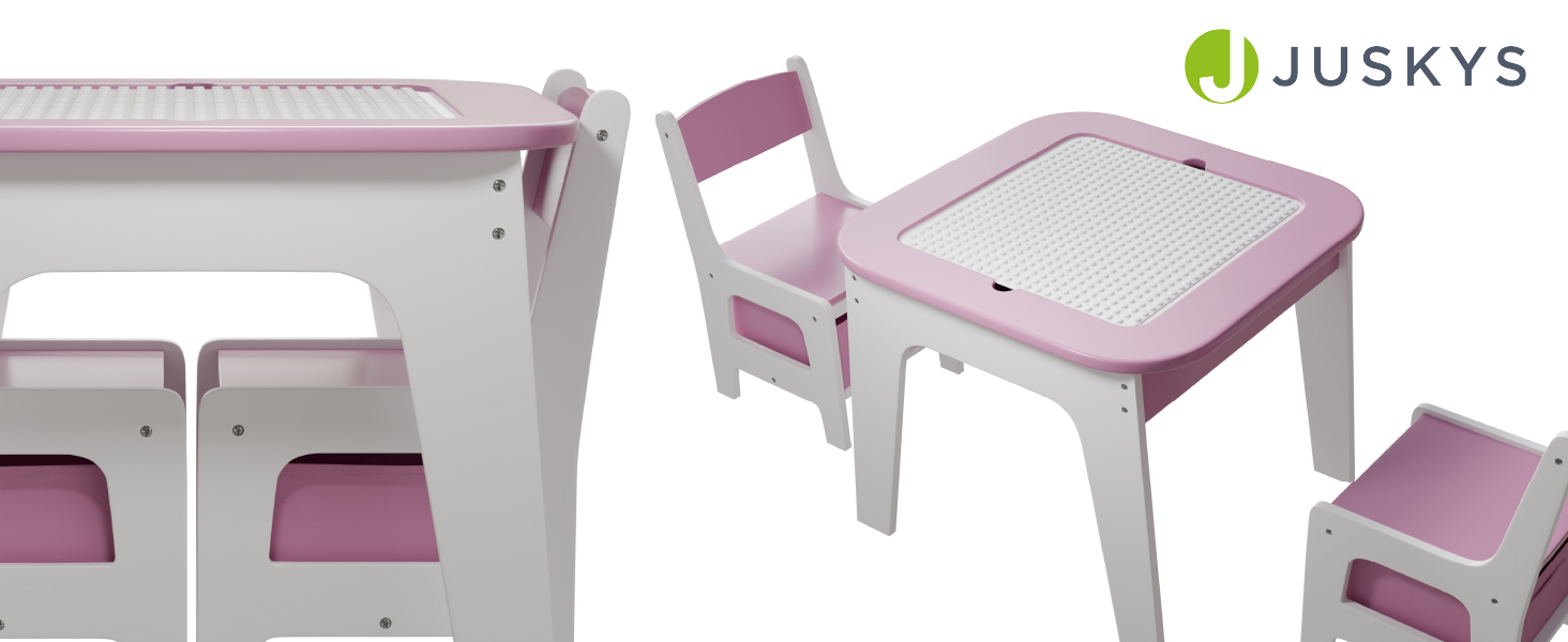 Дитяча стільниця Juskys Milou - комплект з 2 стільців та столу - дерев'яний дитячий столик з місцем для зберігання, стільниця для малювання (рожева)