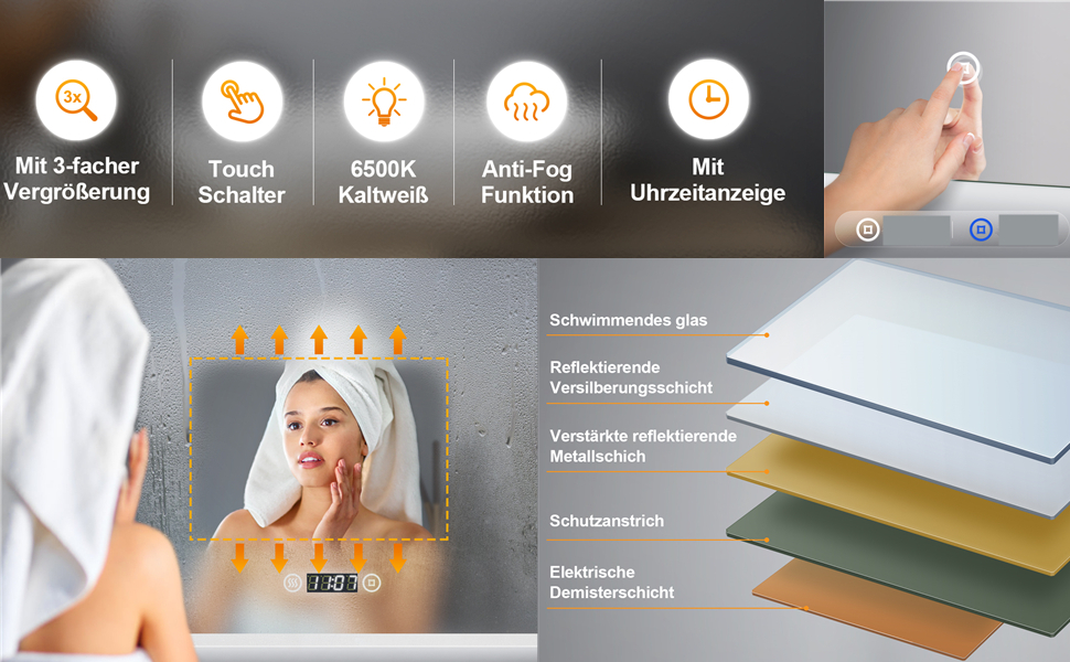 Дзеркало для ванної кімнати Badspiegel 50x70 см з годинником, 3 кольори підсвічування, сенсорний вимикач, прямокутне, 50x70x3.5 см