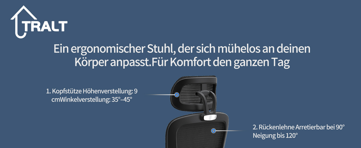 Ергономічне крісло TRALT для офісу з регульованою поперековою підтримкою та підголівником. Ігрове крісло, офісне крісло для дому та офісу. Максимальне навантаження 150 кг, чорний колір.