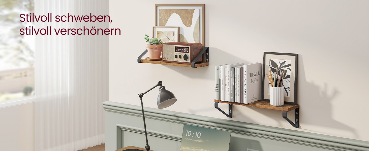 Настінна полиця VASAGLE, 6 шт. у наборі, полиці для стін, 30/35/40 см, для вітальні, кухні, кабінету, ванної кімнати, вінтажний коричневий + матовий чорний, LWS033K02