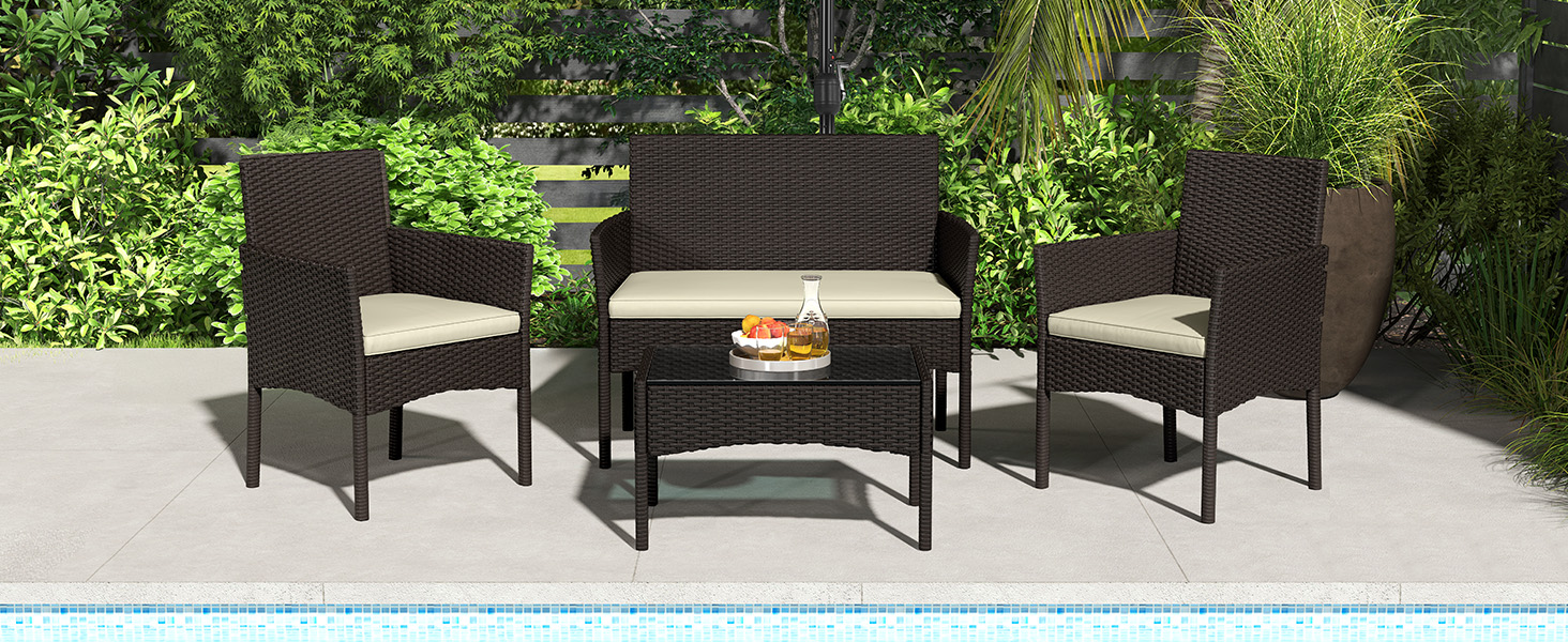 Набір садових меблів Yaheetech на 4 особи: диван, 2 крісла, стіл, подушки. Набір меблів для балкона, тераси, саду. Чорний та сірий (коричневий та бежевий).