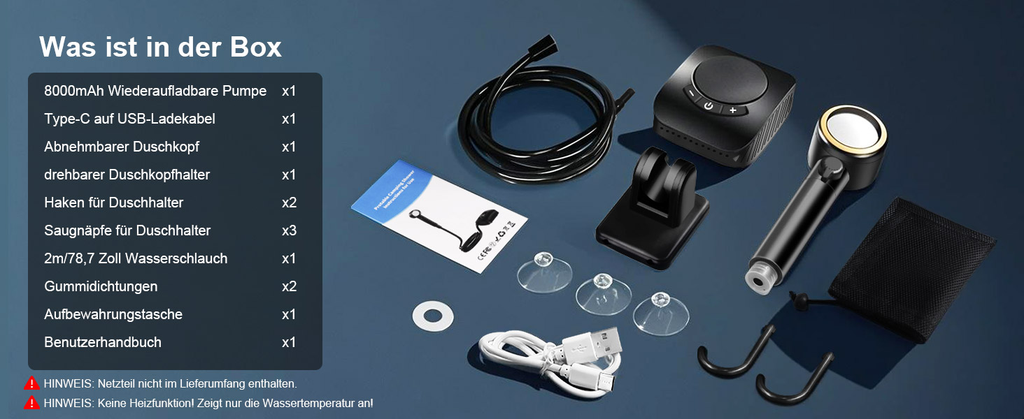 Портативна душ для кемпінгу AUTOPkio з акумулятором 8000mAh, насосом та дисплеєм, IPX8, чорний