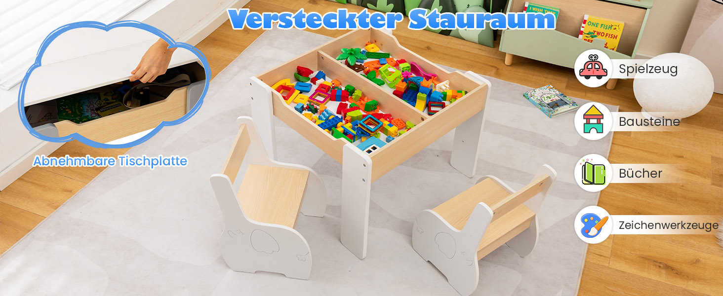 Дерев'яний дитячий стіл з 2 стільцями DREAMADE, 3 шт. Дитяча меблева група з двостороннім столом та місцем для зберігання, набір меблів для дітей, для хлопчиків та дівчаток (білий)