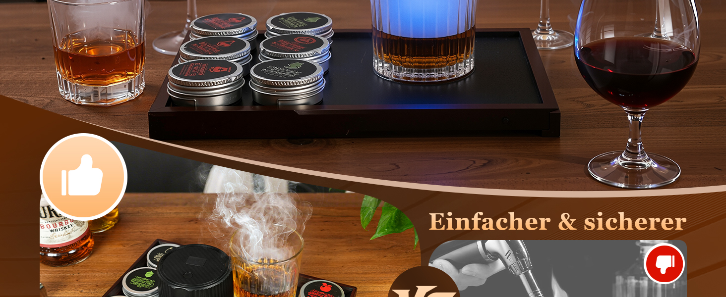 Електричний набір для копчення коктейлів з 4 режимами підсвічування, перезаряджуваний набір для диму з віскі, 6 дерев'яних стружок, без бутану, подарунок на Різдво/День народження для чоловіків, батьків, чоловіків FY01