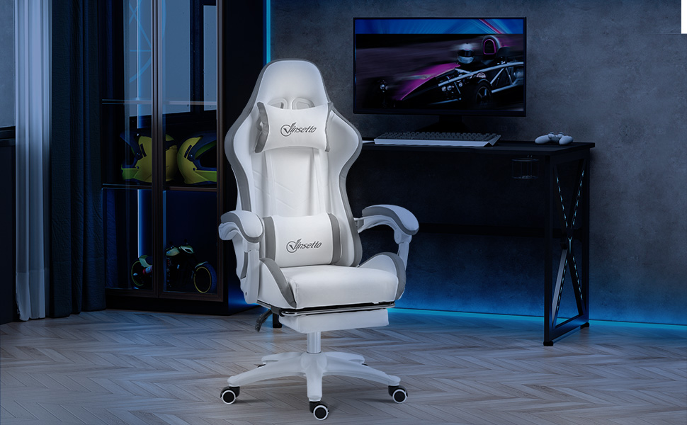 Крісло ігрове Vinsetto Ergonomic з регульованою підніжкою, спинкою 135°, підголівником та поперековою підтримкою, поворотне на 360°, PU шкіра, білий/сірий