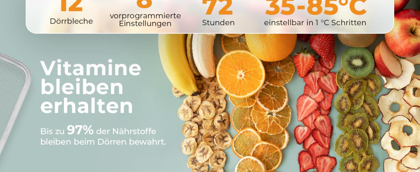 Електрична сушарка для фруктів та овочів Balter з нержавіючої сталі, 12 ярусів, 1100 Вт, 70 л об'єм, 12000 см² поверхня сушіння, BPA-free, 35–75 °C, таймер до 72 год