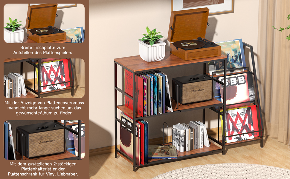 Стіл для програвача YCJY з полицями для платівок, вінтажний, місткість до 400 альбомів