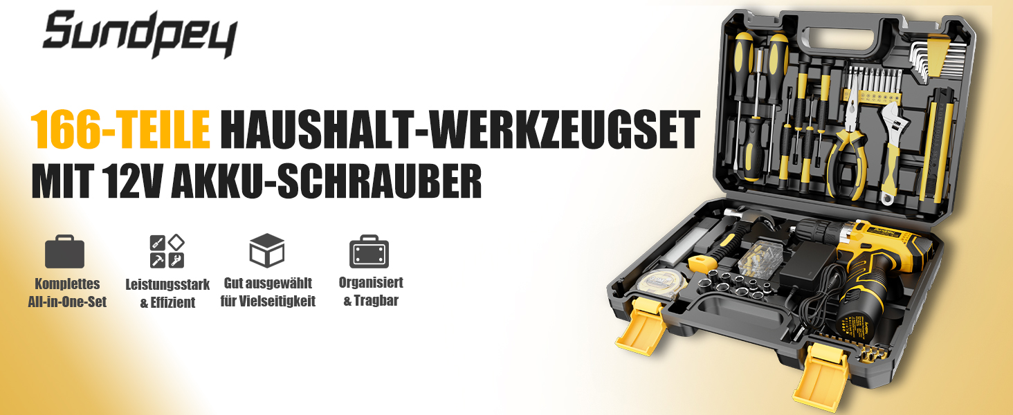 Набір інструментів Sundpey 166 предметів з акумуляторною викруткою 12V для дому, ремонту та саду (жовтий)