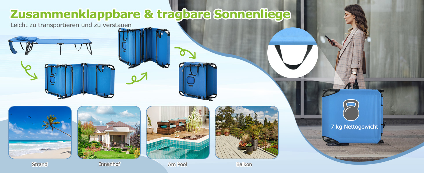 Лежак для відпочинку Costway з отвором для обличчя, розкладний, з 3 знімними подушками та регульованою спинкою, для саду та басейну (Чорний)