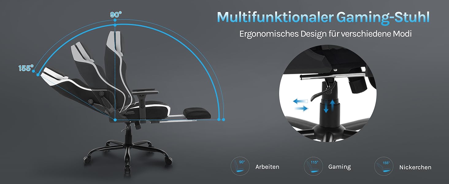 Ігровий крісло WOLTU, ергономічний офісний стілець з інтегрованим м'яким наповнювачем, адаптивною підтримкою попереку, підставкою для ніг та регульованими підлокітниками, металевий каркас