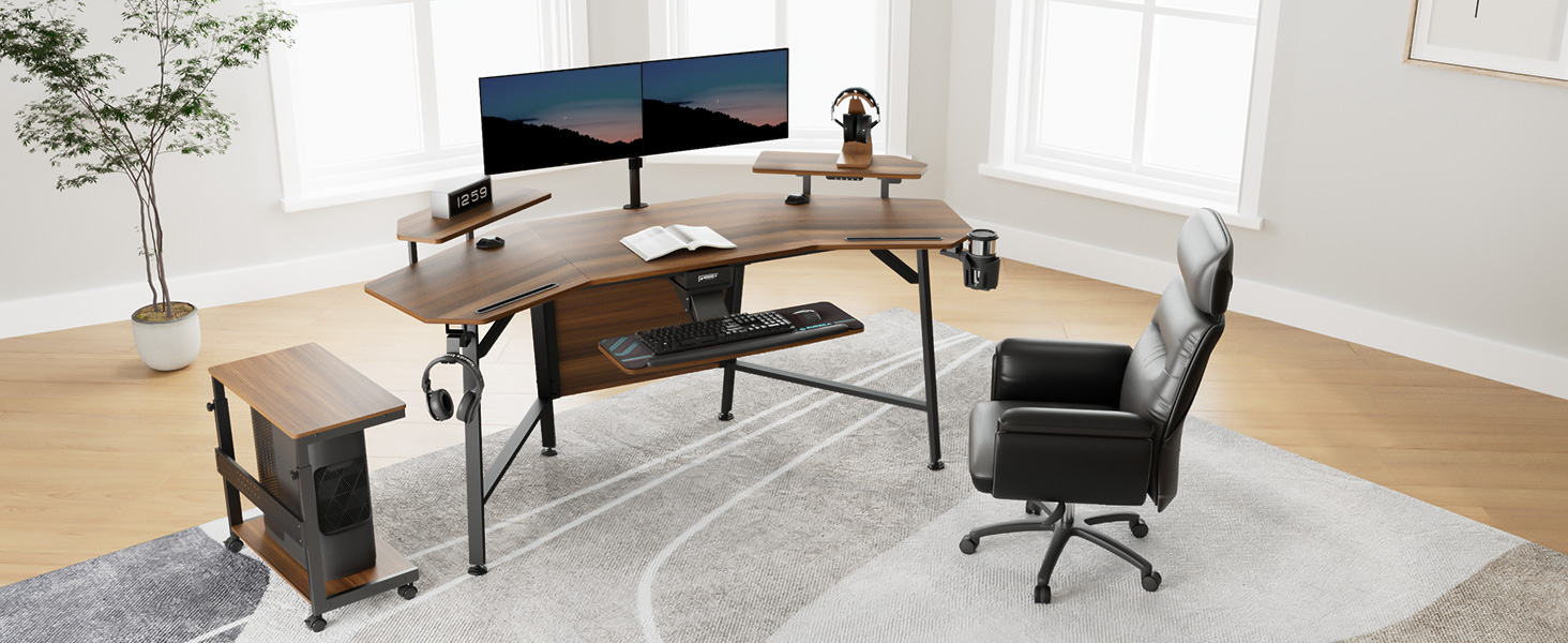 Ігровий стіл EUREKA ERGONOMIC 160x74 см з крилами для геймінгу, PC, Home Office, Live Streaming, 2 слоти для iPad, горіховий колір