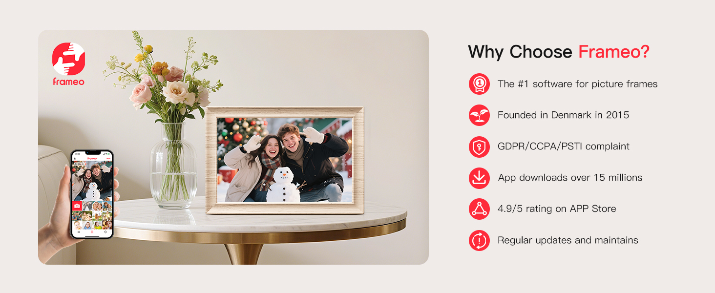 Frameo Цифровий фоторамка 10.1 дюймів, HD 1280*800 IPS сенсорний екран, 32GB пам'ять, автоповорот, Frameo App для обміну фото та відео, білий дерев'яний масив