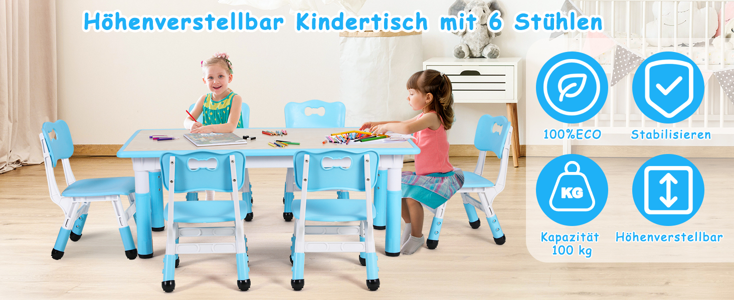Дитячий стіл MAMIZO з 4 стільцями, регульована висота, набір для дитячої кімнати/садочка, пластикові меблі, сидіння для хлопчиків та дівчаток від 2 років (60 x 60 x 120 см, блакитний)