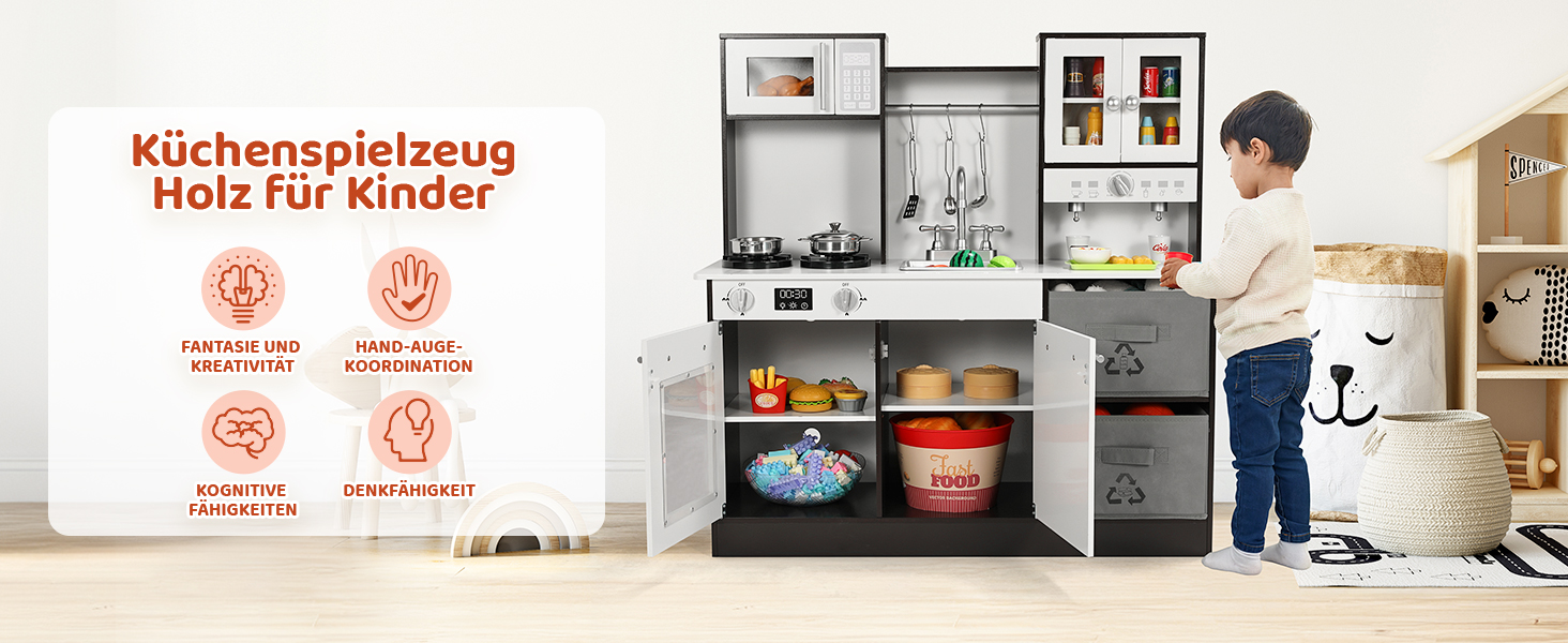 Дерев'яна дитяча кухня Mamizo з підсвіткою та звуком, іграшкова кухня для дітей, 90x30x90 см, з аксесуарами та 2 ящиками для зберігання, іграшка для дітей від 3 років (колір: коричневий)
