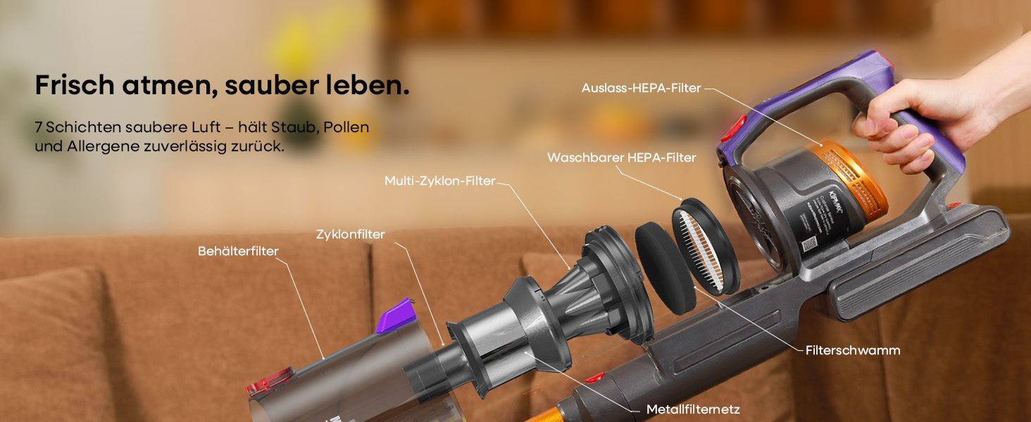 Акумуляторний пилосос KIPMAX 50000Pa, 550W, 70хв, 1.5л, з дисплеєм, анти-заплутальна щітка, 7-шаровий фільтр, 2 аромапластини, для килимів, шерсті тварин, твердих підлог, фіолетово-золотий