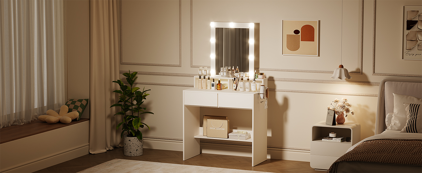 Трюмо JUMMICO з LED-підсвічуванням та дзеркалом, регульована яскравість та колірна температура, косметичний столик з 9 LED-лампочками, білий