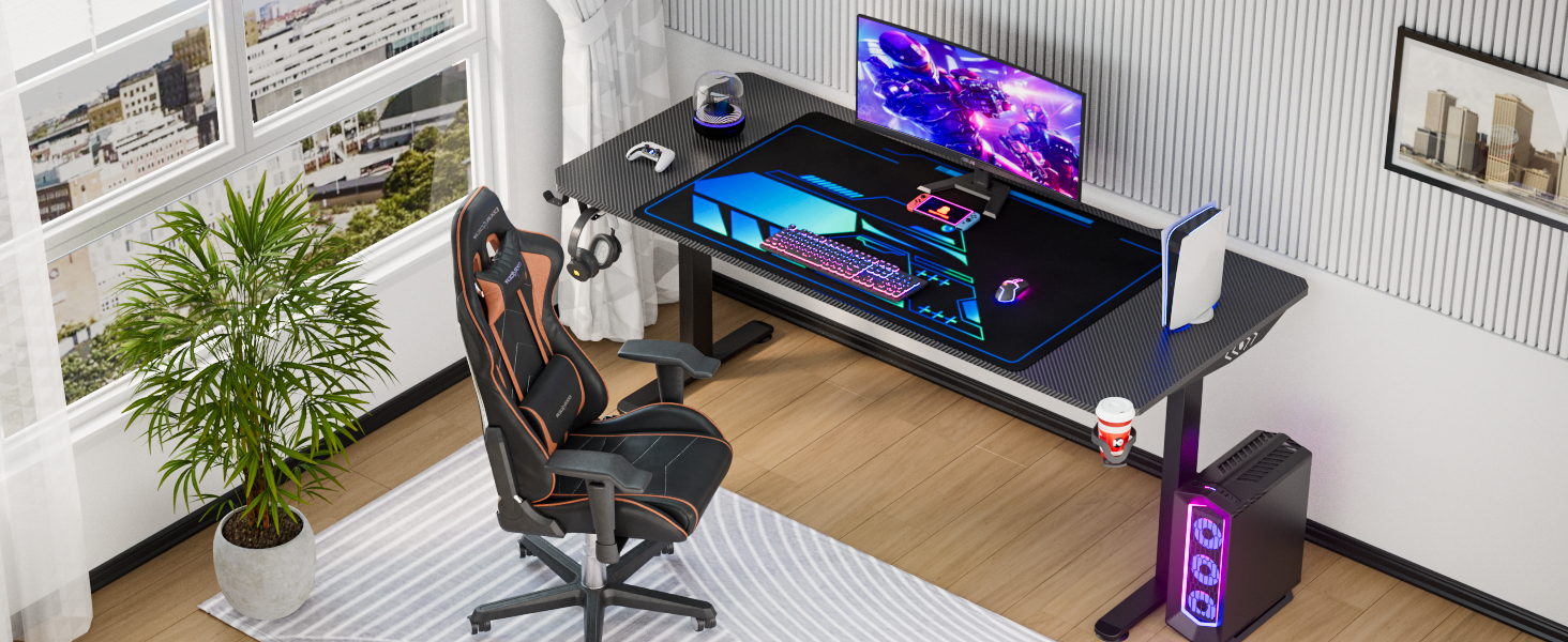 Ігровий стіл Himimi 180x70x80 см з LED підсвічуванням, стільниця з карбону, органайзер для кабелів, тримач для напоїв та кріплення для навушників (Чорний)