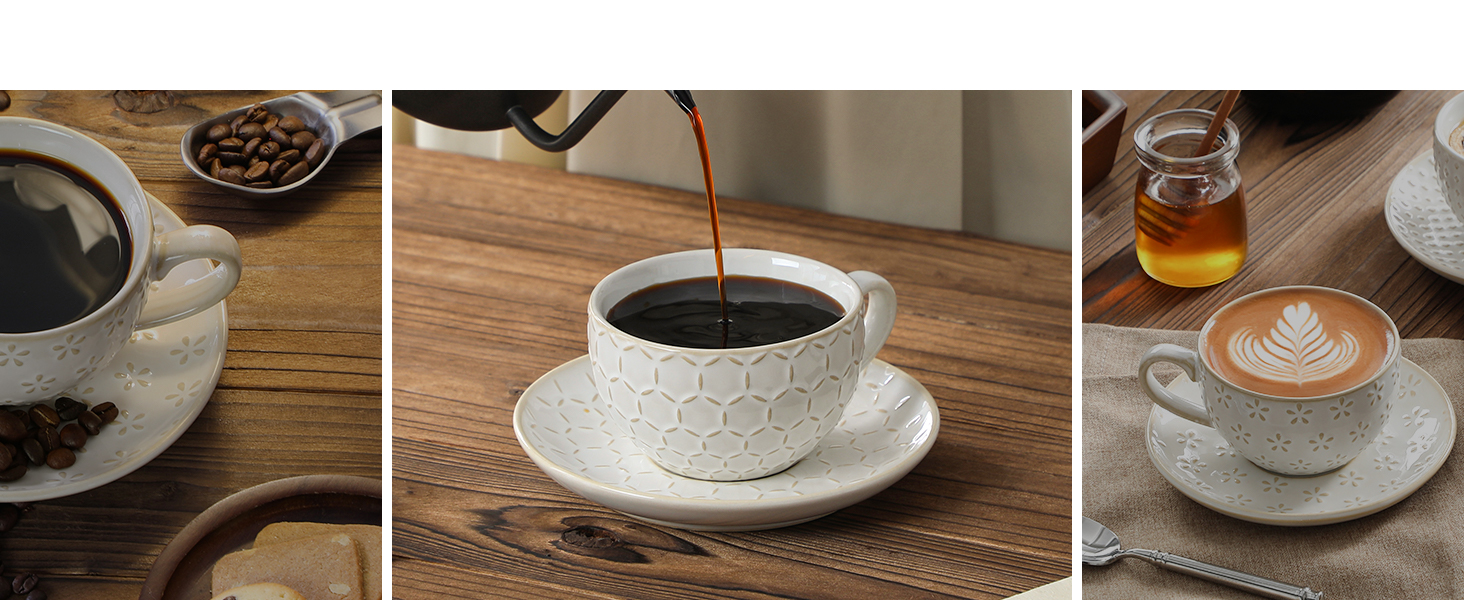 Набір посуду MALACASA LYDIA для 4 осіб (16 предметів) з кераміки з рельєфом, бежевий (4 чашки 180 мл)