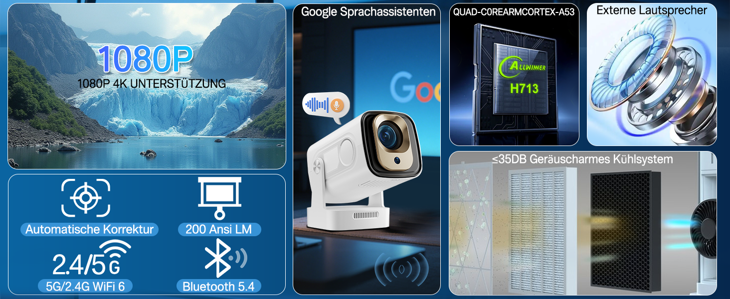 Портативний міні проєктор 4K з Wi-Fi та Android 11: підтримка 1080P Full HD, HDMI, для телефону/ПК/ноутбука, з вбудованим динаміком (HY260pro)