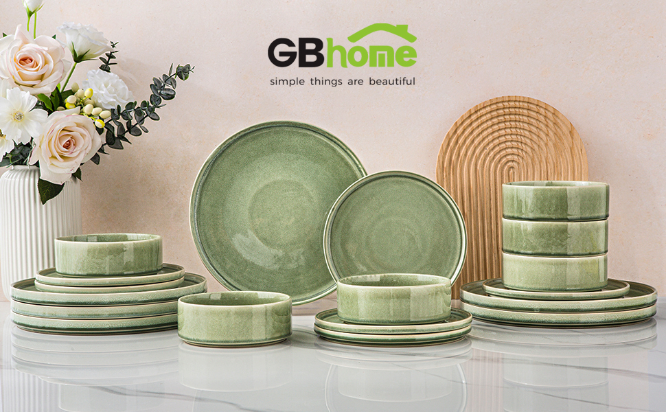 Сервіз GBHOME 12 шт. з реактивною глазур'ю: тарілки та миски, чорно-оливковий, стійкий до сколів, для посудомийної машини та мікрохвильовки