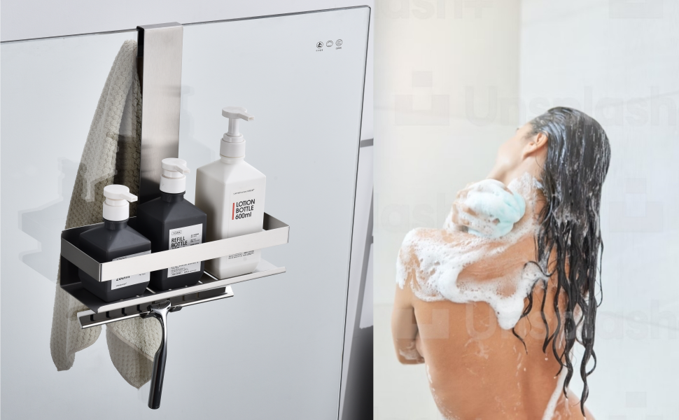 Настінна поличка для душу з нержавіючої сталі з гачками, H30BN-1DH, 1 відсік, з полірованим нікелем