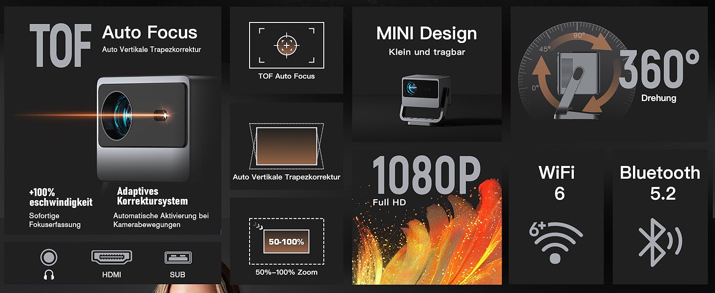 Проектор VOPLLS B-21000L 4K з автофокусом та корекцією трапецеїдальних спотворень, 28000 люмен, WiFi6, Bluetooth, Dolby Audio, Full HD 1080P, для дому та вулиці