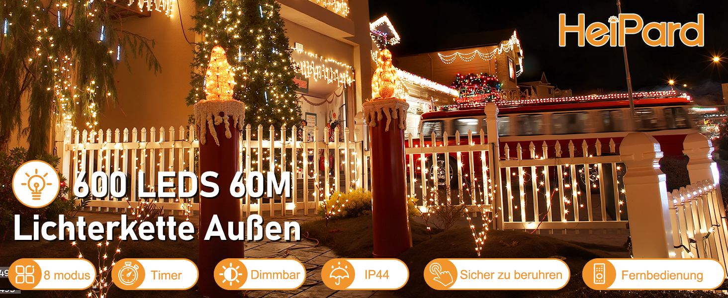 Гірлянда світлодіодна для прикраси ялинки та декору, 60 м, 600 LED, 8 режимів, вологостійка, з пультом, таймер, диммування, тепле біле світло, для дому та саду