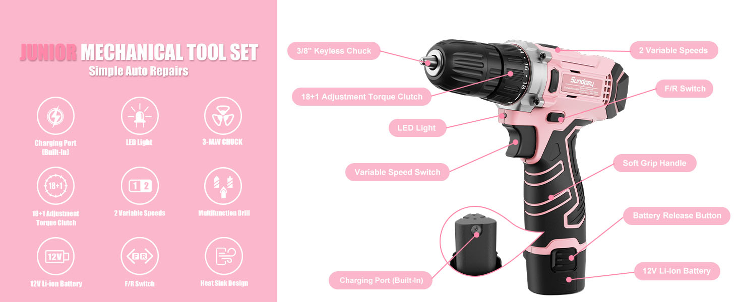 Набір інструментів Sundpey 206 предметів з акумуляторною викруткою 12V, рожевий – для дому та ремонту