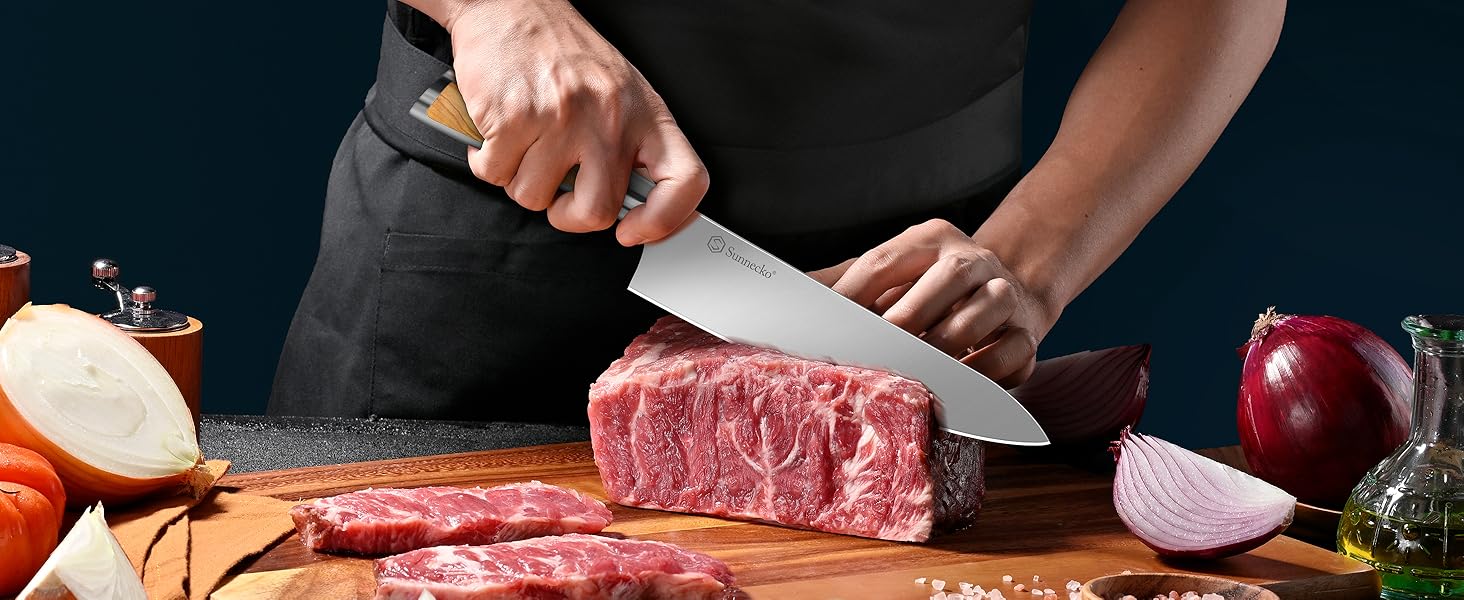 Набір ножів Sunnecko 6 шт. з підставкою – кухонний набір ножів для кухні, з ергономічними ручками та гострими лезами, з підставкою з нержавіючої сталі та акацієвого дерева