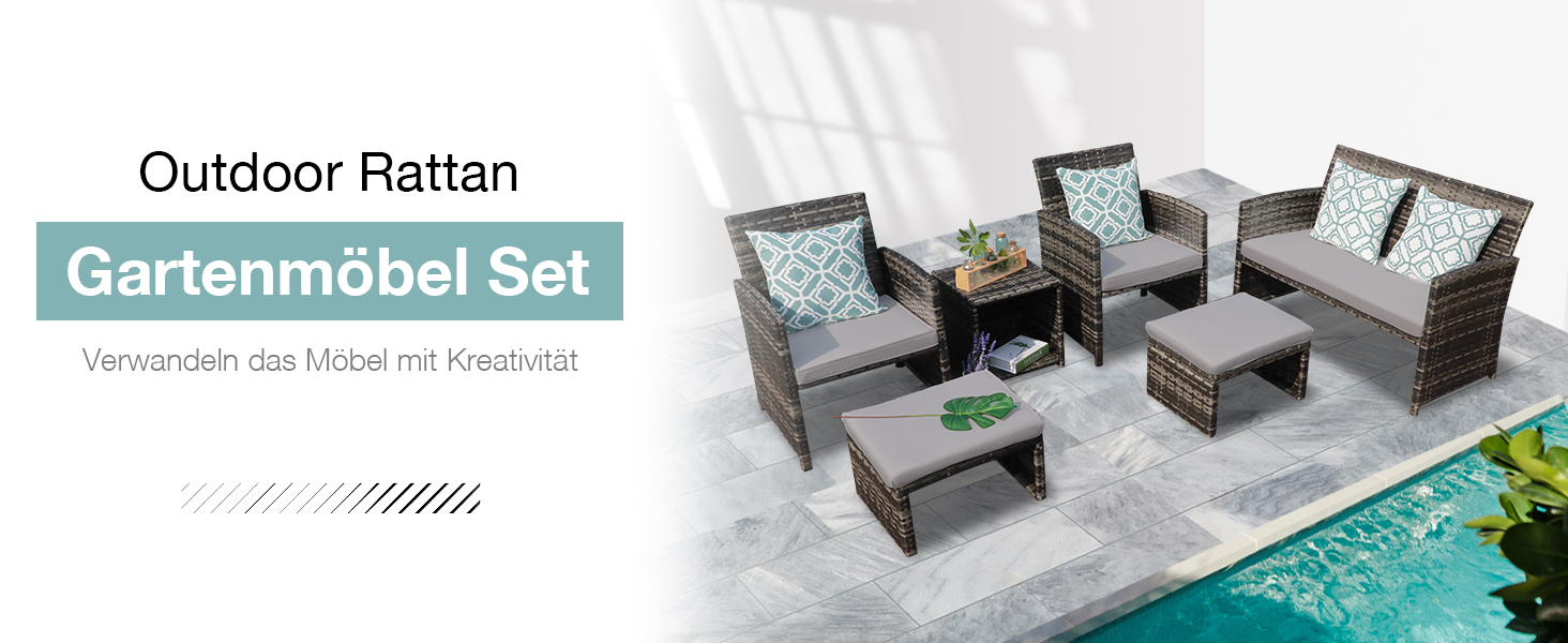 Садовий набір меблів OC Orange-Casual 5 предметів: плетена терасна група з кріслами, пуфами та столом, подушки в комплекті, сірий