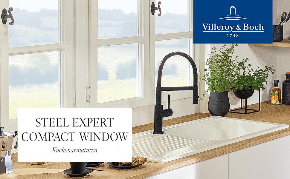 Змішувач кухонний Villeroy & Boch Steel Expert Compact, чорний матовий, з висувним гусаком та перемикачем, висота 147мм