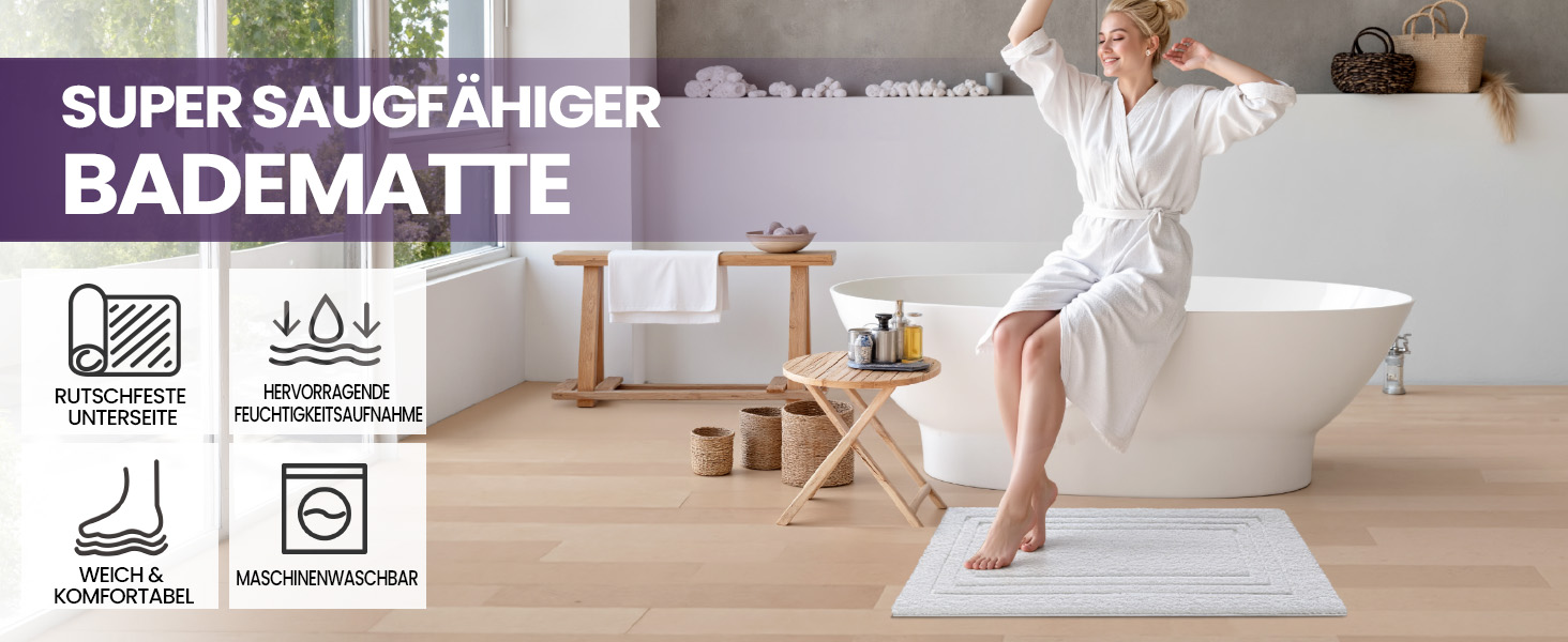 Килимок для ванної кімнати DEXI, м'який, нековзний, миючий, 40 x 60 см, білий