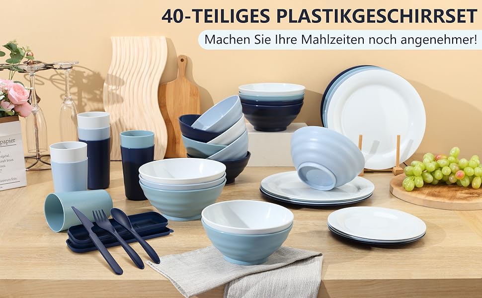 Набір посуду BEWOS Morandi з міцного пластику (40 шт.) для кемпінгу, 8 осіб, миючий посуд, підходить для мікрохвильової печі