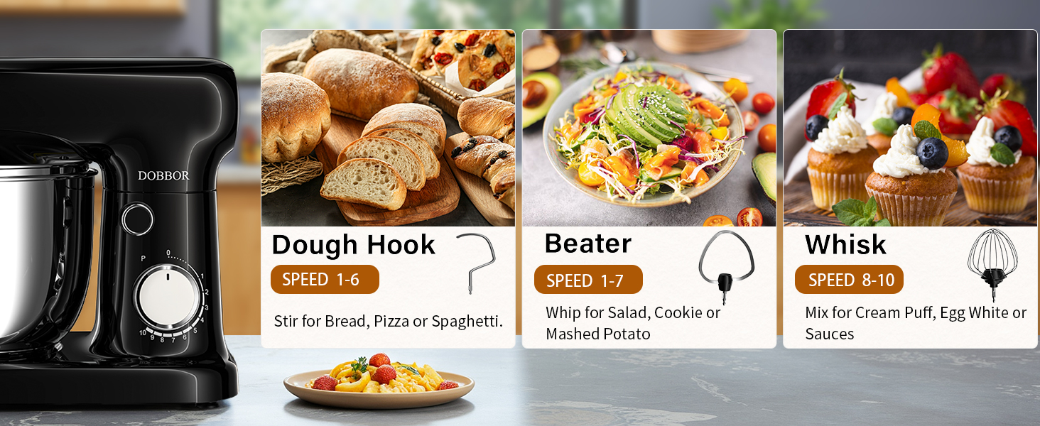 Кухонна машина з місткістю 2.5L та 3L, 10 швидкостей, 1500W, з міксером, шнеком для тіста та скребком, для дому та щоденного приготування (чорний)