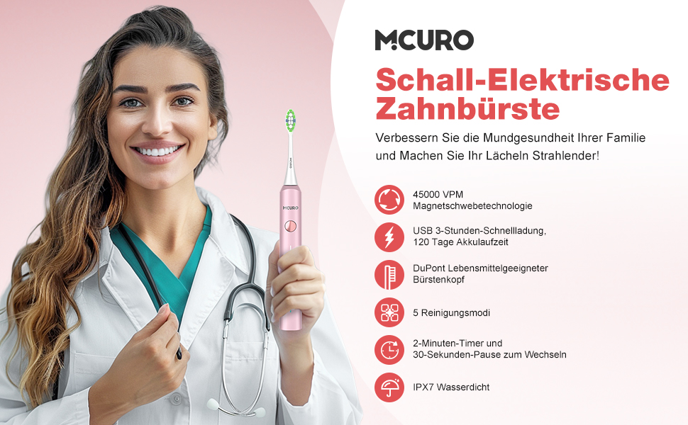 Електрична звукова зубна щітка, 5 режимів, рожева, з таймером та 6 насадками DuPont
